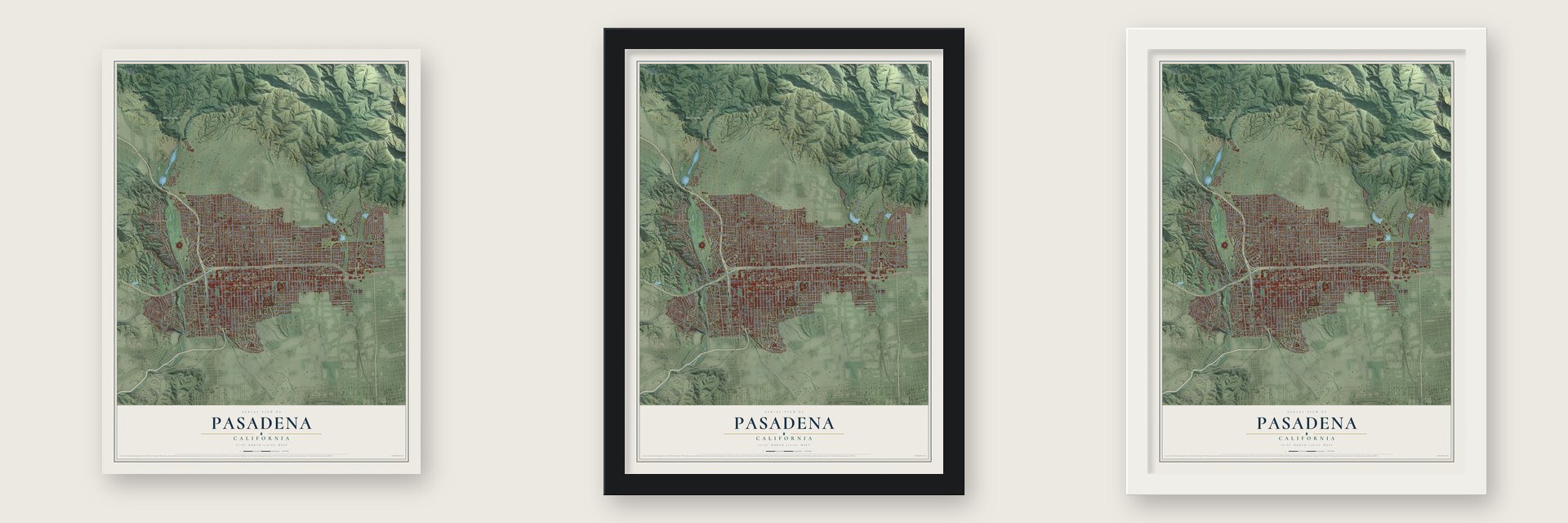 Pasadena, California map unframed, in a black wood frame and in a white wood frame