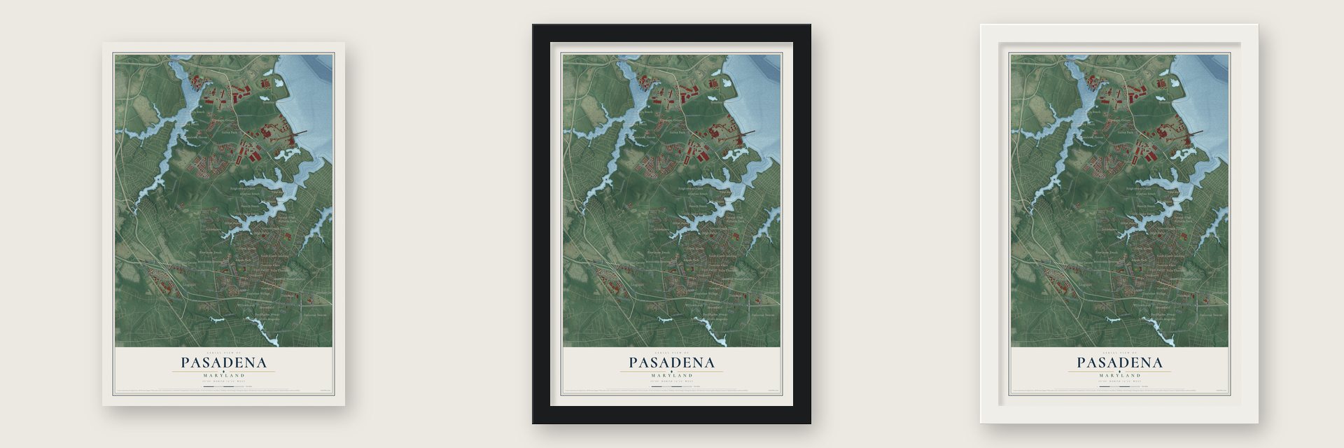 Pasadena, Maryland map unframed, in a black wood frame and in a white wood frame