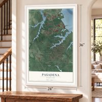 Pasadena, Maryland map, 24 x 36 inch print in a white frame by a staircase