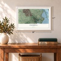 Pasadena, Texas map, 12 x 18 inch print in a white frame in an entryway