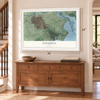 Pasadena, Texas map, 24 x 36 inch print in a white frame above a dresser by a staircase
