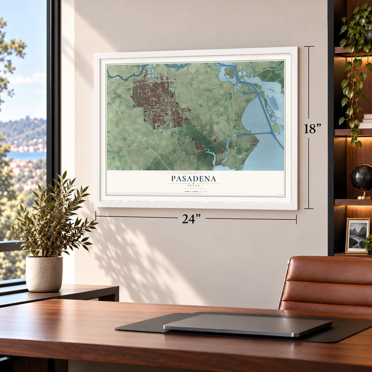 Pasadena, Texas map, 18 x 24 inch print in a white frame in a home office
