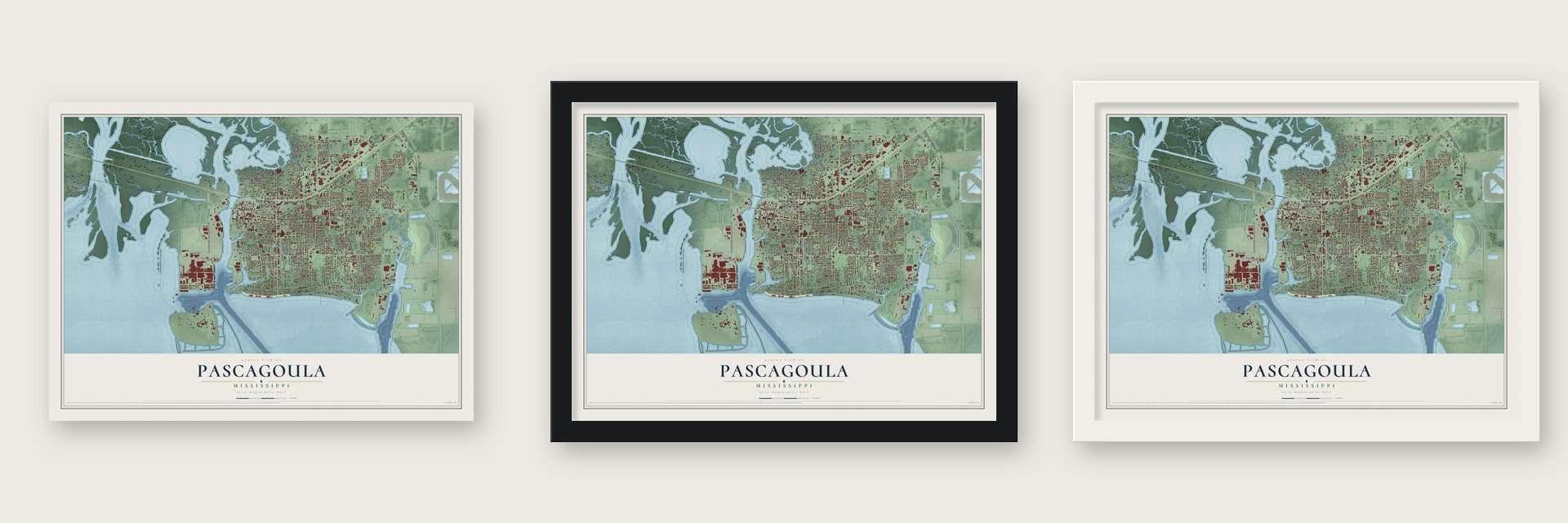 Pascagoula, Mississippi map unframed, in a black wood frame and in a white wood frame