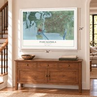 Pascagoula, Mississippi map, 24 x 36 inch print in a white frame above a dresser by a staircase