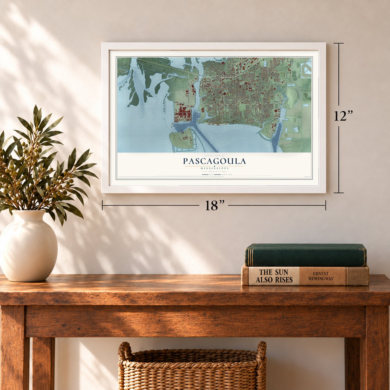 Pascagoula, Mississippi map, 12 x 18 inch print in a white frame in an entryway