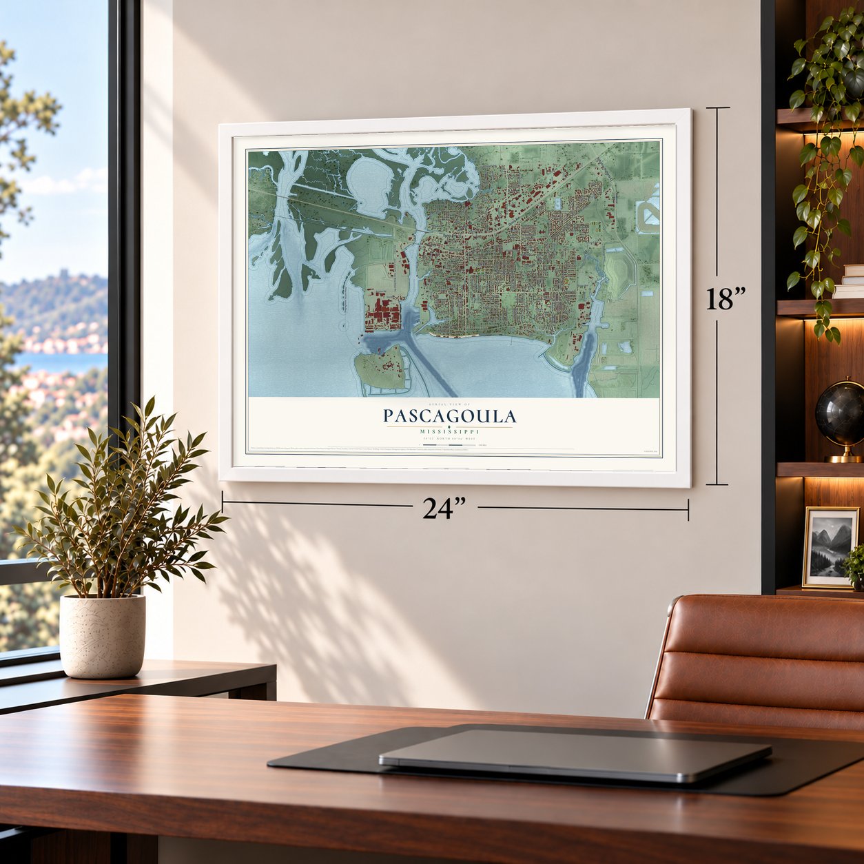 Pascagoula, Mississippi map, 18 x 24 inch print in a white frame in a home office
