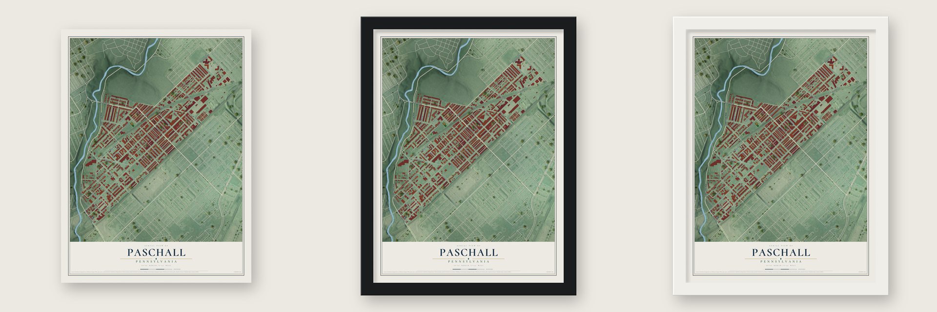 Paschall, Pennsylvania map unframed, in a black wood frame and in a white wood frame
