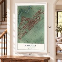 Paschall, Pennsylvania map, 24 x 36 inch print in a white frame by a staircase