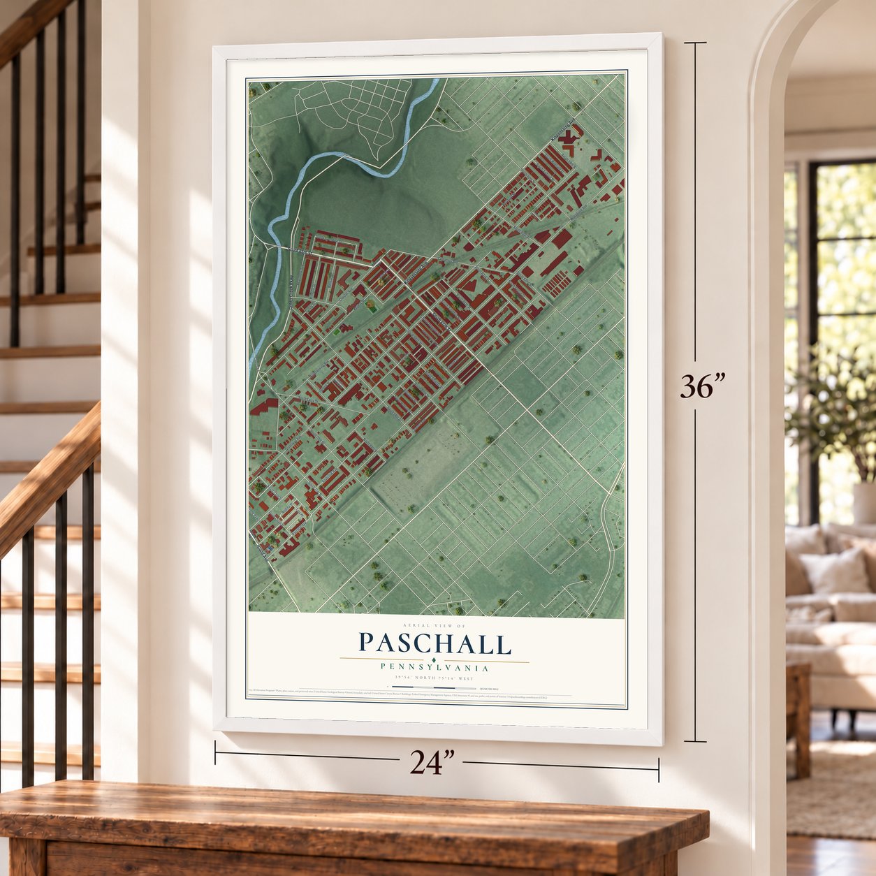 Paschall, Pennsylvania map, 24 x 36 inch print in a white frame by a staircase