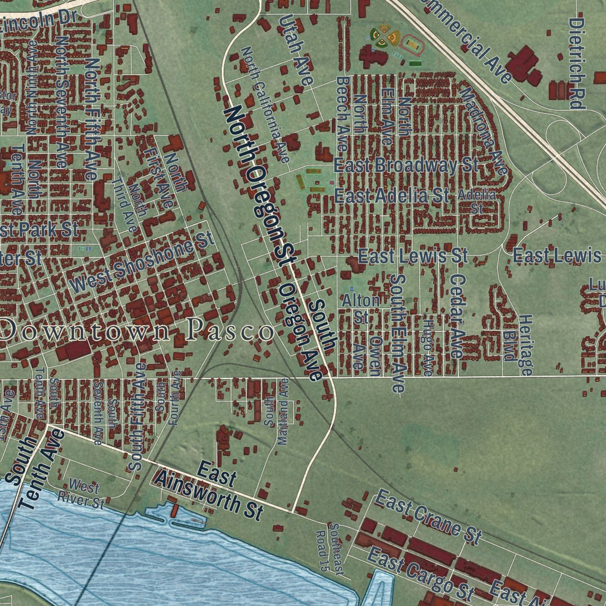 Second close-up of the map of Pasco, Washington print showing more streets and buildings