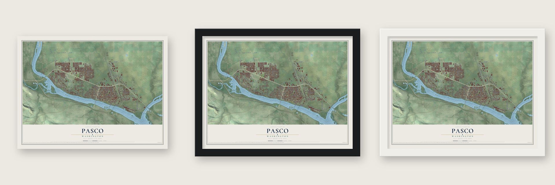 Pasco, Washington map unframed, in a black wood frame and in a white wood frame