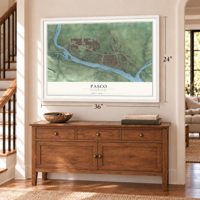 Pasco, Washington map, 24 x 36 inch print in a white frame above a dresser by a staircase