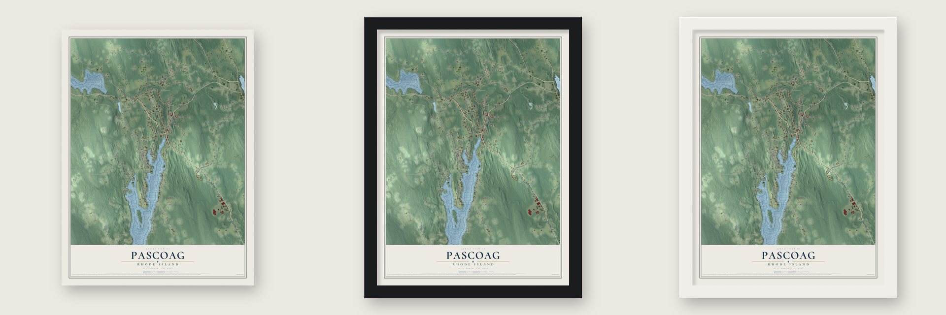 Pascoag, Rhode Island map unframed, in a black wood frame and in a white wood frame