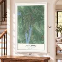 Pascoag, Rhode Island map, 24 x 36 inch print in a white frame by a staircase
