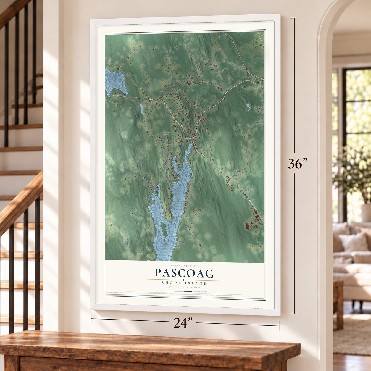 Pascoag, Rhode Island map, 24 x 36 inch print in a white frame by a staircase