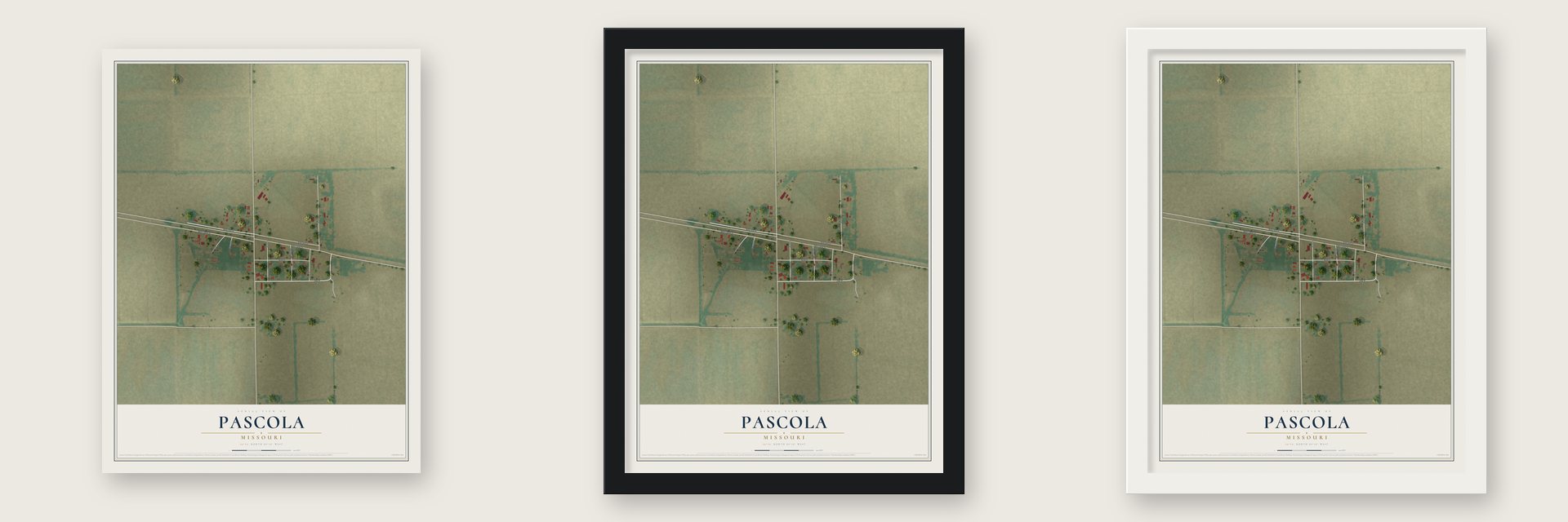 Pascola, Missouri map unframed, in a black wood frame and in a white wood frame