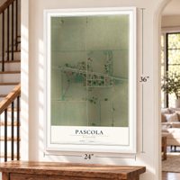 Pascola, Missouri map, 24 x 36 inch print in a white frame by a staircase