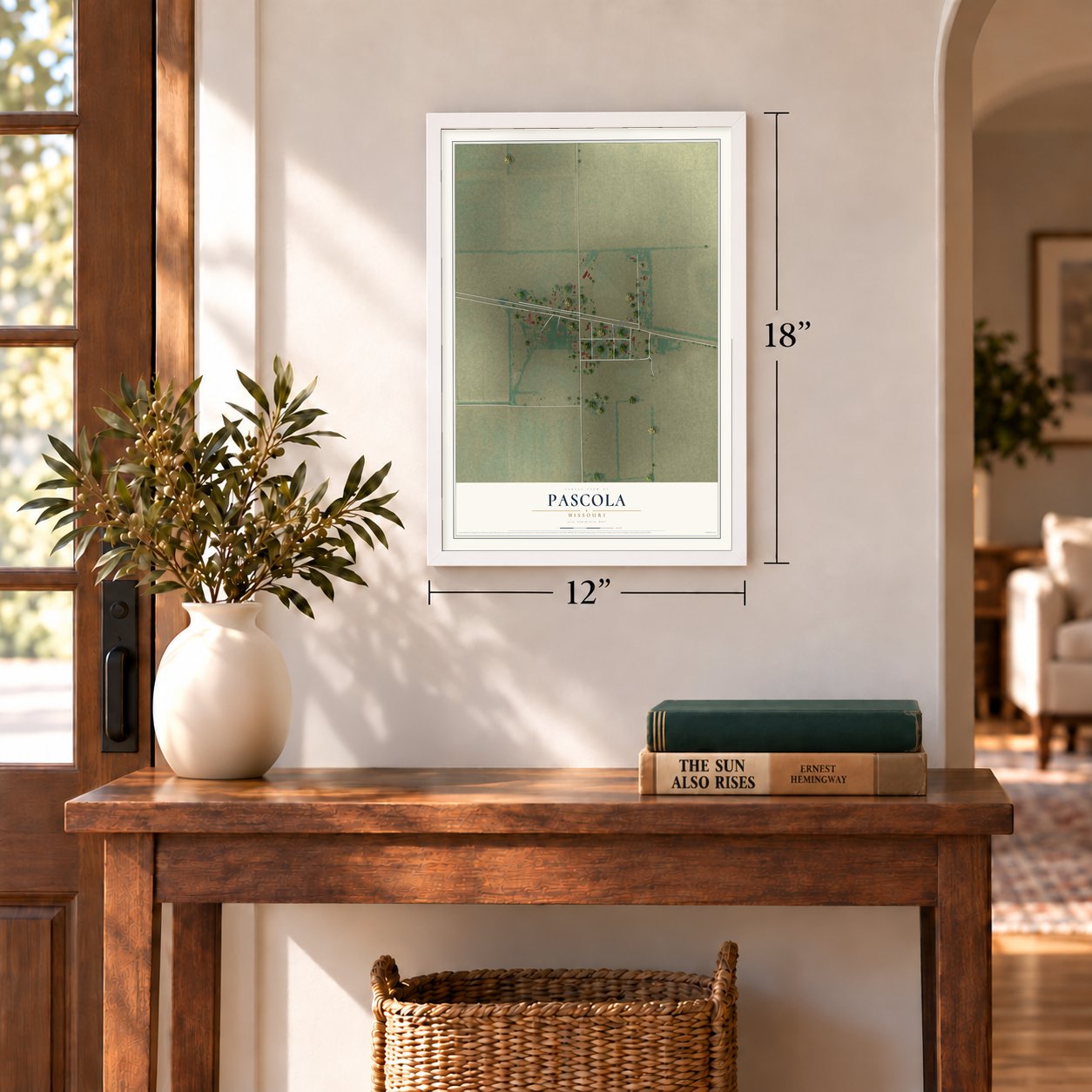 Pascola, Missouri map, 12 x 18 inch print in a white frame in an entryway