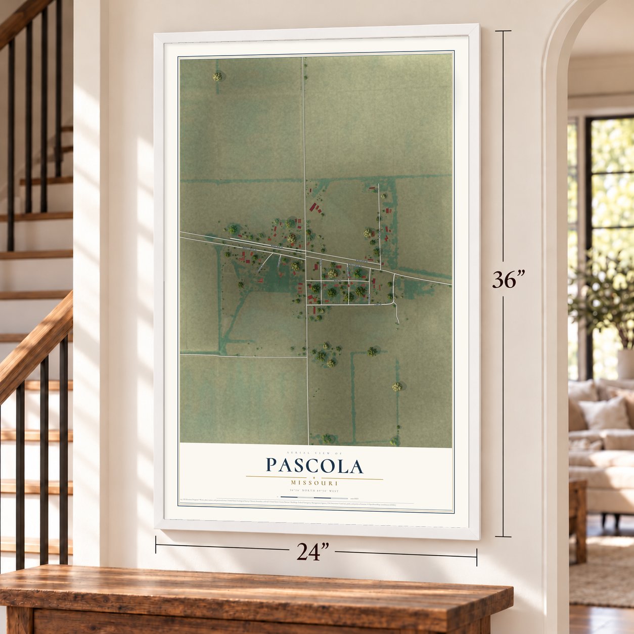 Pascola, Missouri map, 24 x 36 inch print in a white frame by a staircase