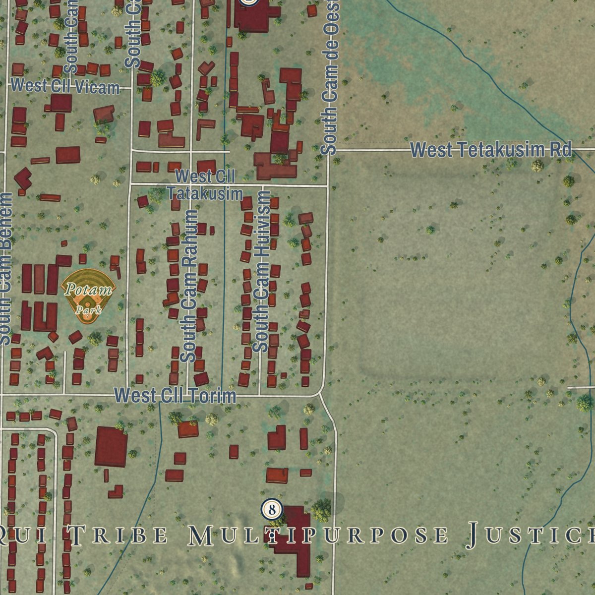 Second close-up of the map of Pascua Yaqui Tribe, Arizona print showing more streets and buildings
