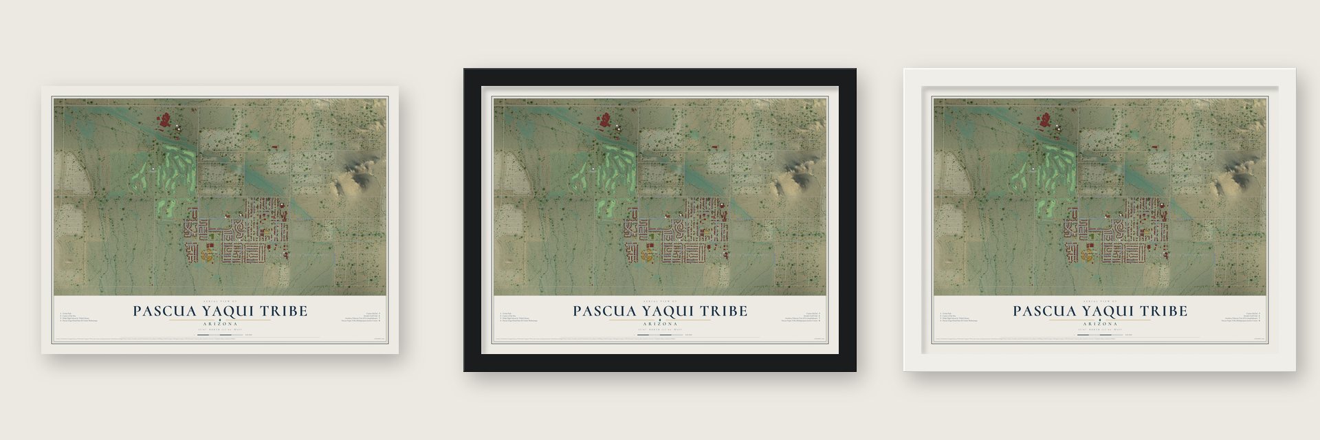 Pascua Yaqui Tribe, Arizona map unframed, in a black wood frame and in a white wood frame