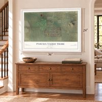 Pascua Yaqui Tribe, Arizona map, 24 x 36 inch print in a white frame above a dresser by a staircase