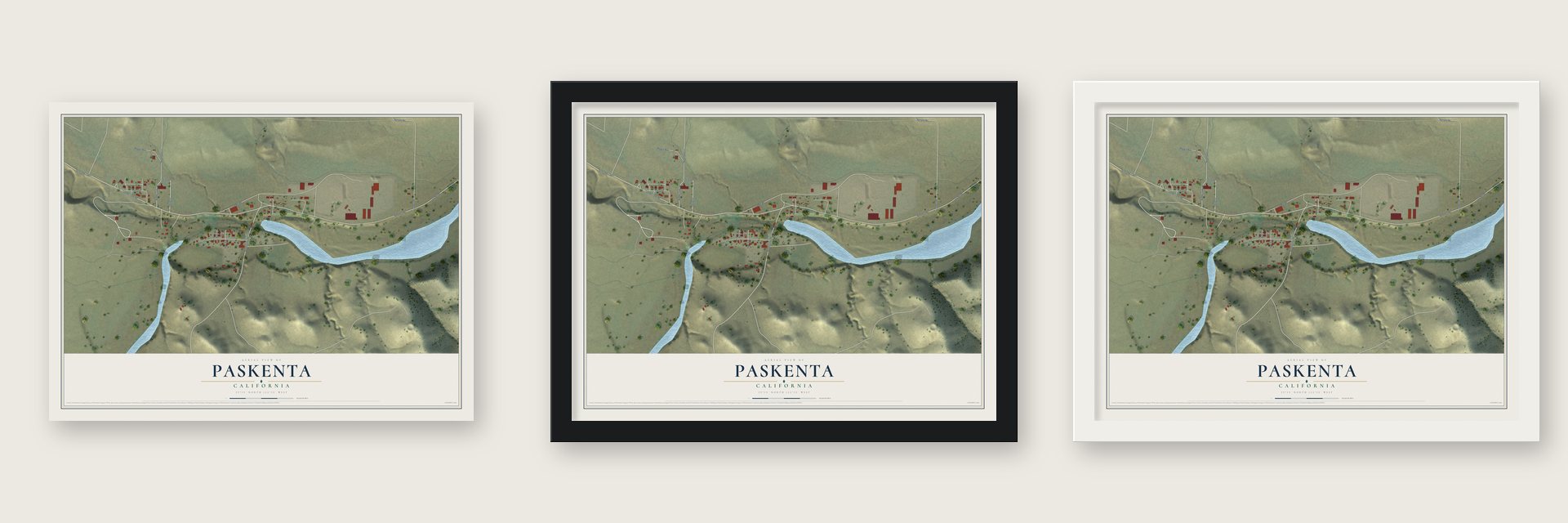 Paskenta, California map unframed, in a black wood frame and in a white wood frame