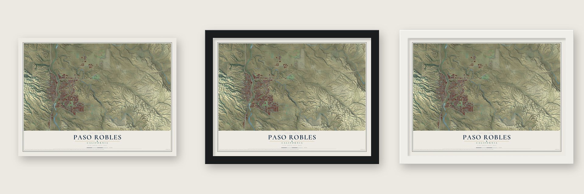Paso Robles, California map unframed, in a black wood frame and in a white wood frame