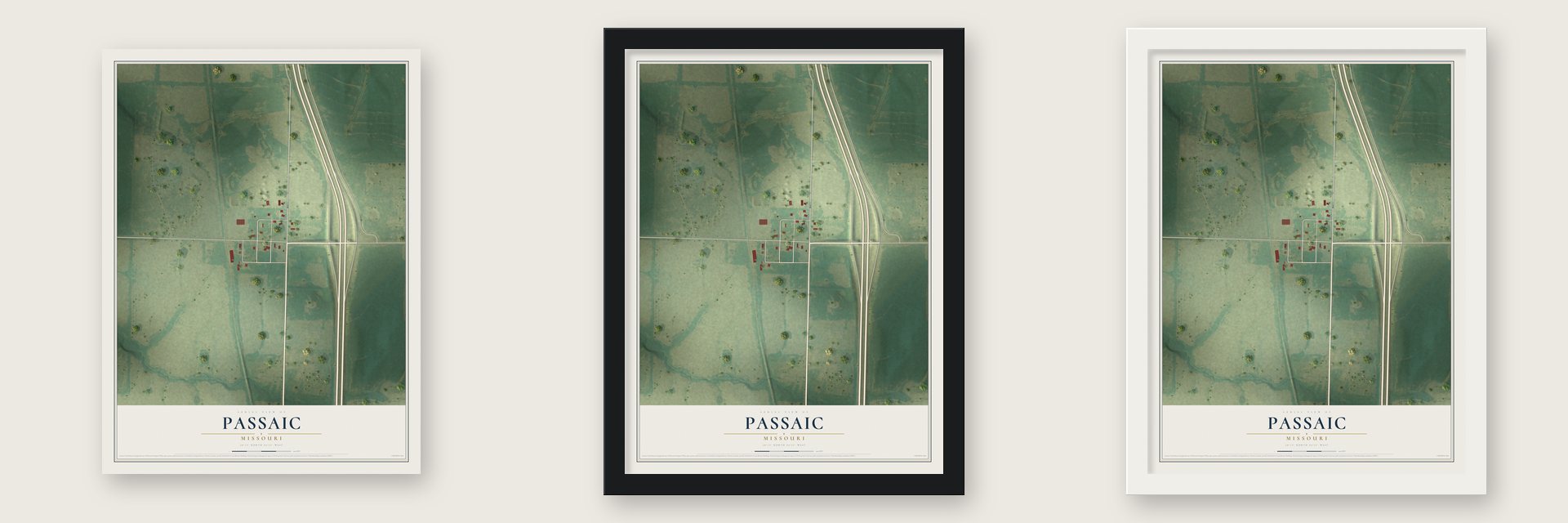 Passaic, Missouri map unframed, in a black wood frame and in a white wood frame