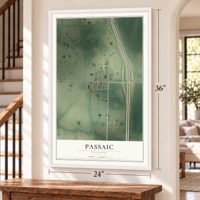 Passaic, Missouri map, 24 x 36 inch print in a white frame by a staircase