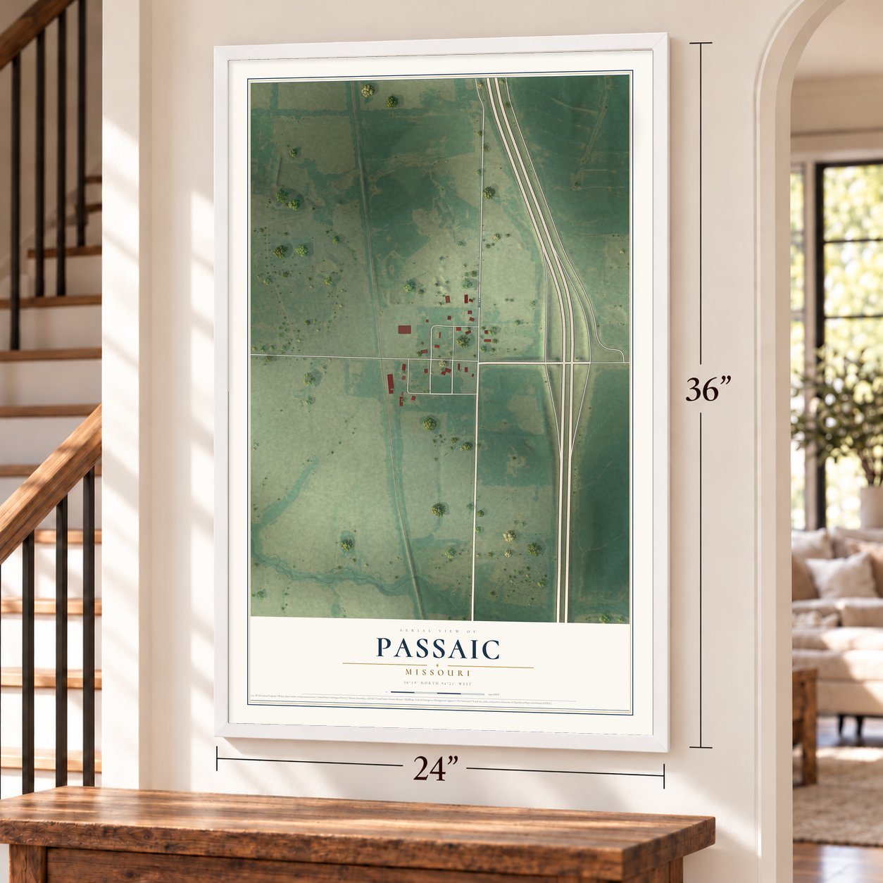 Passaic, Missouri map, 24 x 36 inch print in a white frame by a staircase