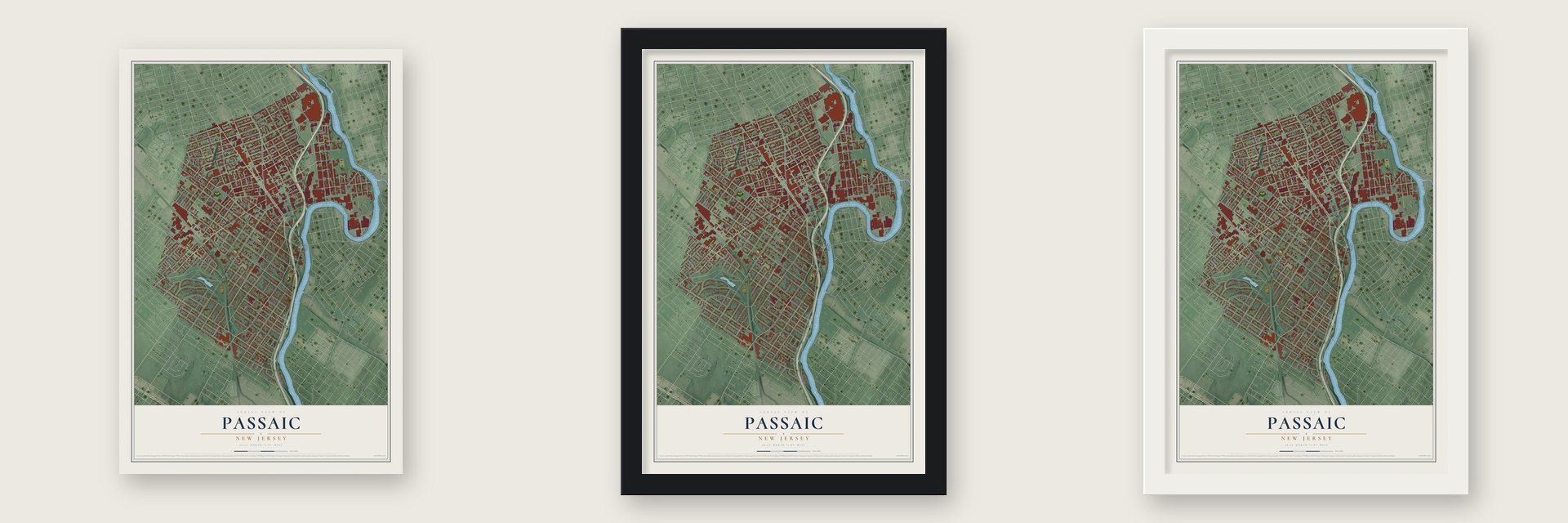 Passaic, New Jersey map unframed, in a black wood frame and in a white wood frame