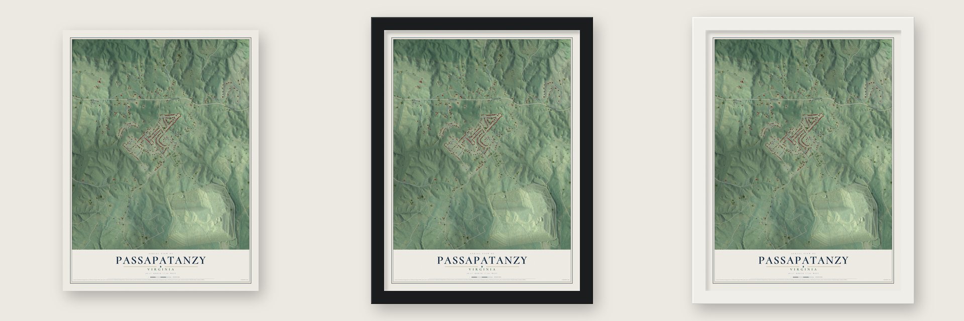 Passapatanzy, Virginia map unframed, in a black wood frame and in a white wood frame