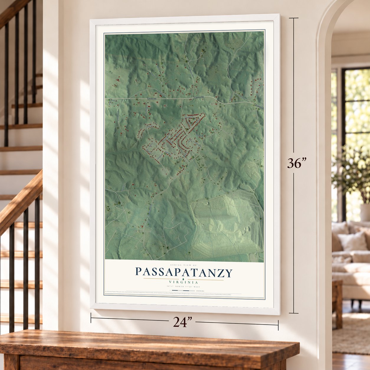 Passapatanzy, Virginia map, 24 x 36 inch print in a white frame by a staircase