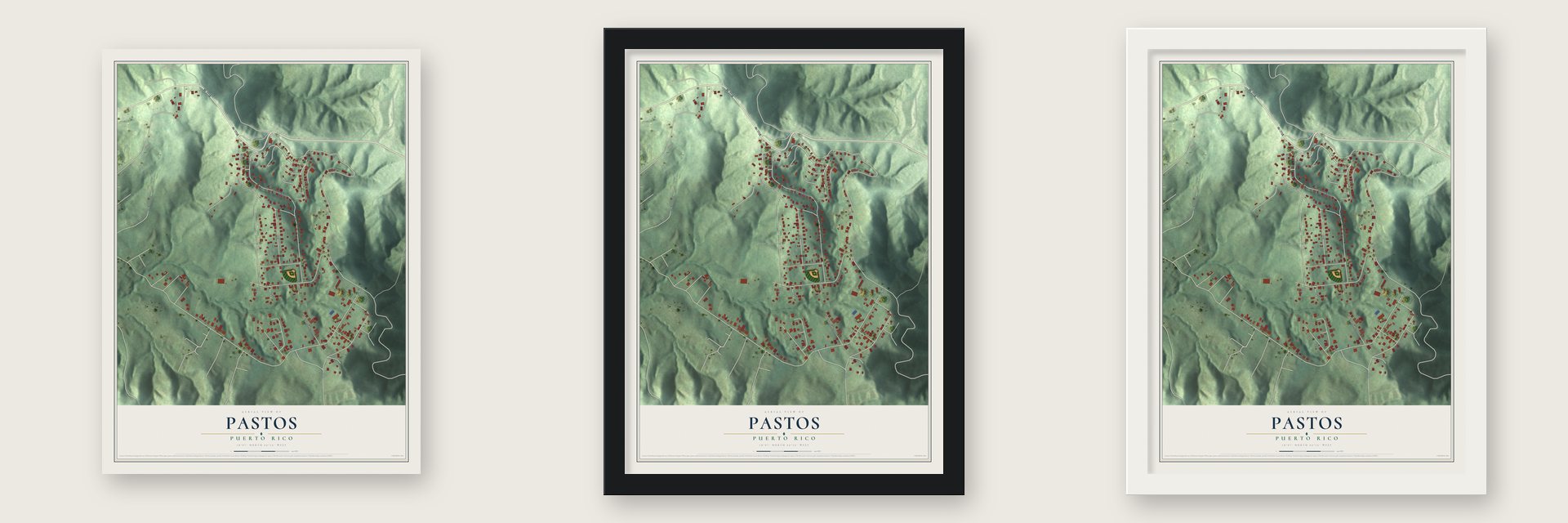 Pastos, Puerto Rico map unframed, in a black wood frame and in a white wood frame