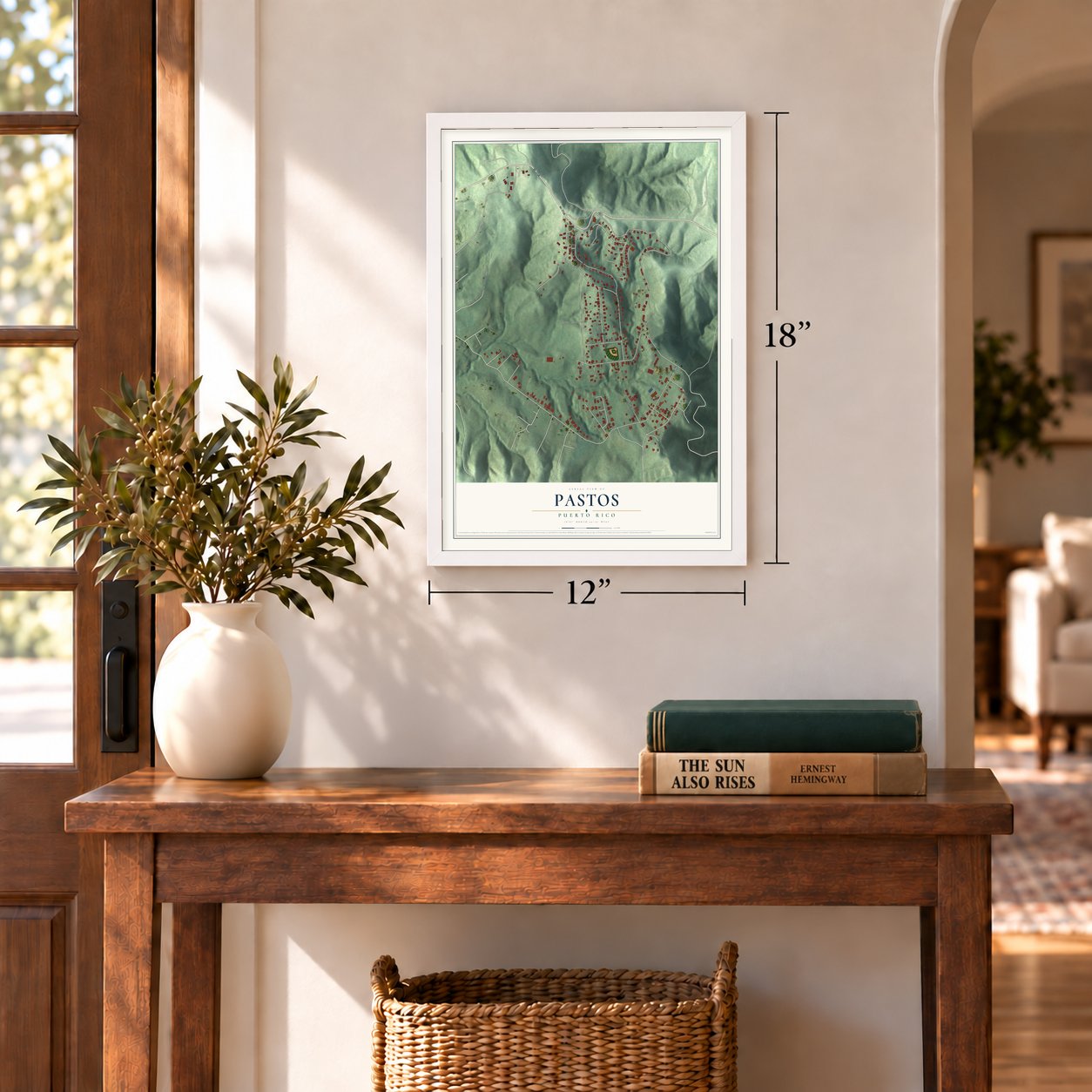 Pastos, Puerto Rico map, 12 x 18 inch print in a white frame in an entryway