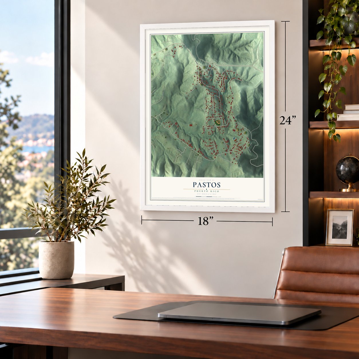 Pastos, Puerto Rico map, 18 x 24 inch print in a white frame in a home office