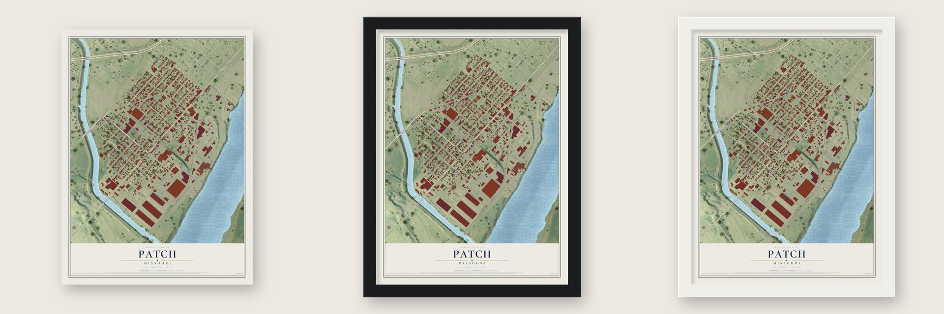 Patch, Missouri map unframed, in a black wood frame and in a white wood frame