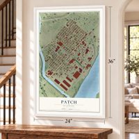 Patch, Missouri map, 24 x 36 inch print in a white frame by a staircase