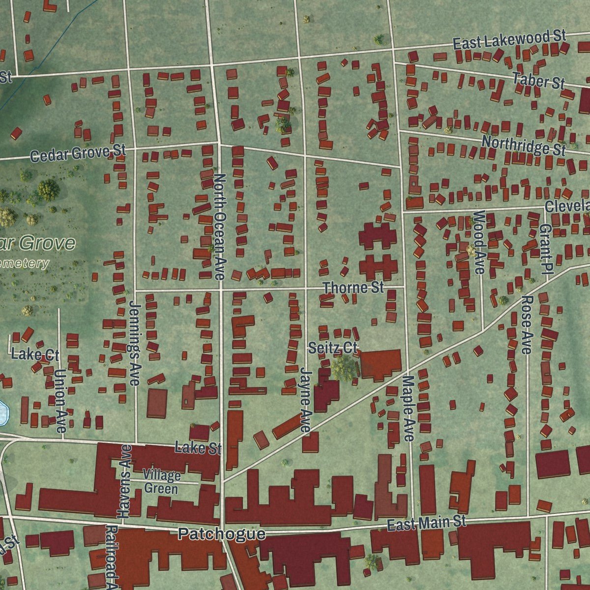 Second close-up of the map of Patchogue, New York print showing more streets and buildings