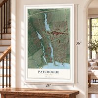 Patchogue, New York map, 24 x 36 inch print in a white frame by a staircase