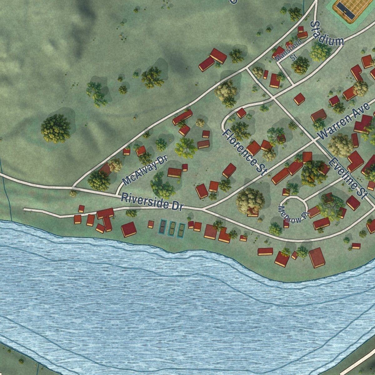 Second close-up of the map of Pateros, Washington print showing more streets and buildings