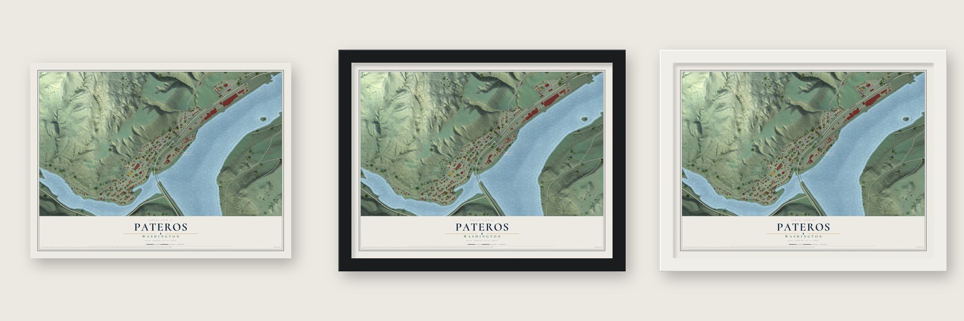 Pateros, Washington map unframed, in a black wood frame and in a white wood frame