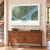 Pateros, Washington map, 24 x 36 inch print in a white frame above a dresser by a staircase