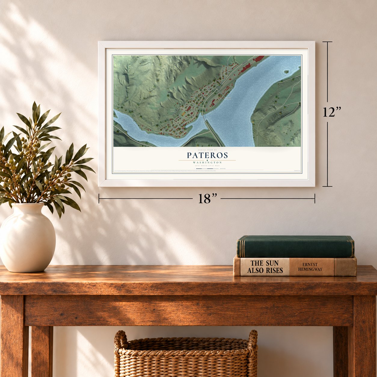 Pateros, Washington map, 12 x 18 inch print in a white frame in an entryway