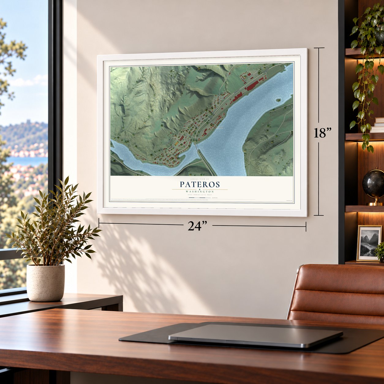 Pateros, Washington map, 18 x 24 inch print in a white frame in a home office