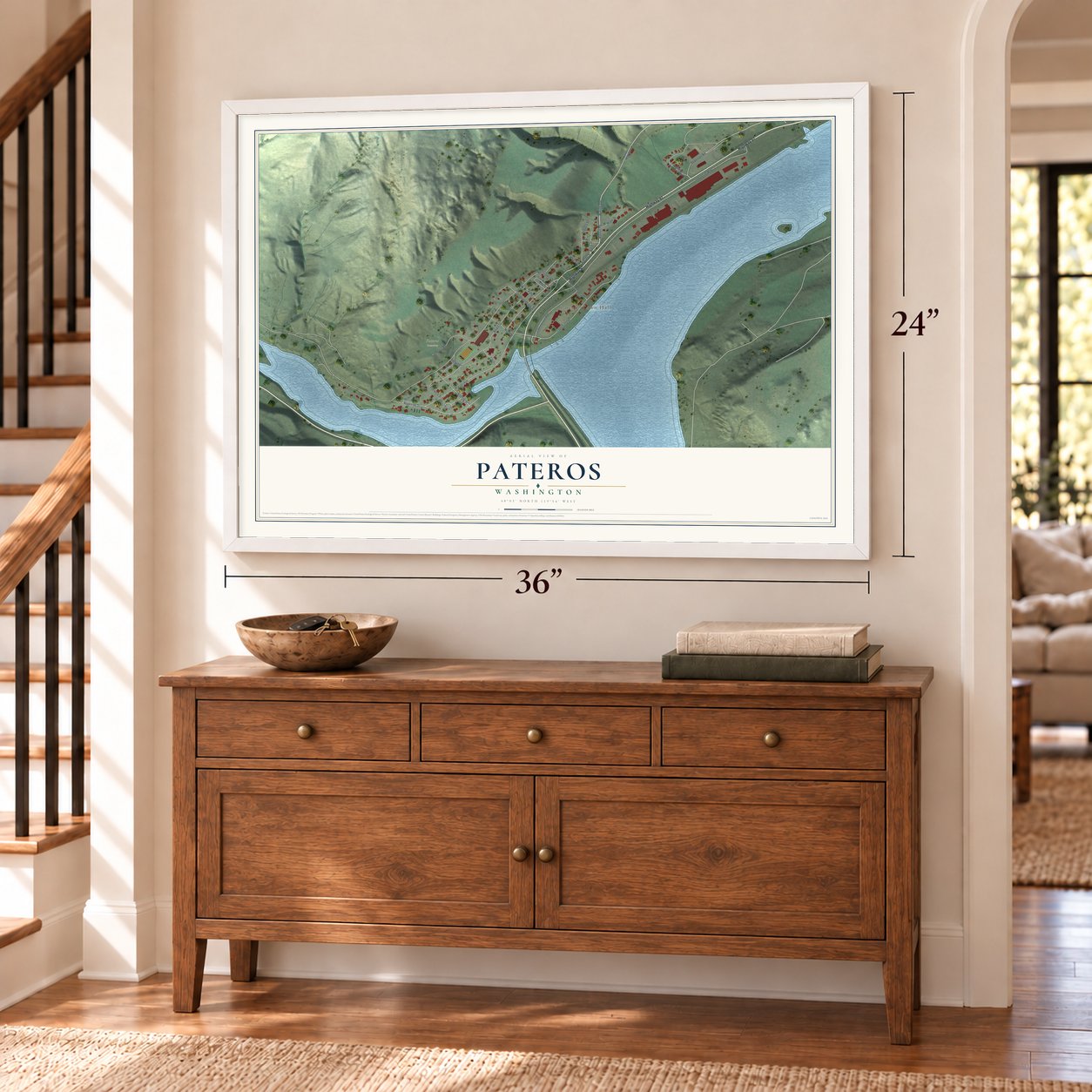 Pateros, Washington map, 24 x 36 inch print in a white frame above a dresser by a staircase