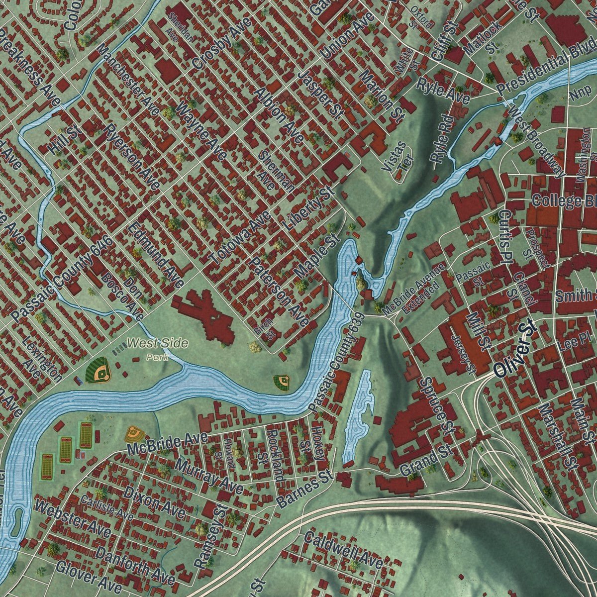 Second close-up of the map of Paterson, New Jersey print showing more streets and buildings