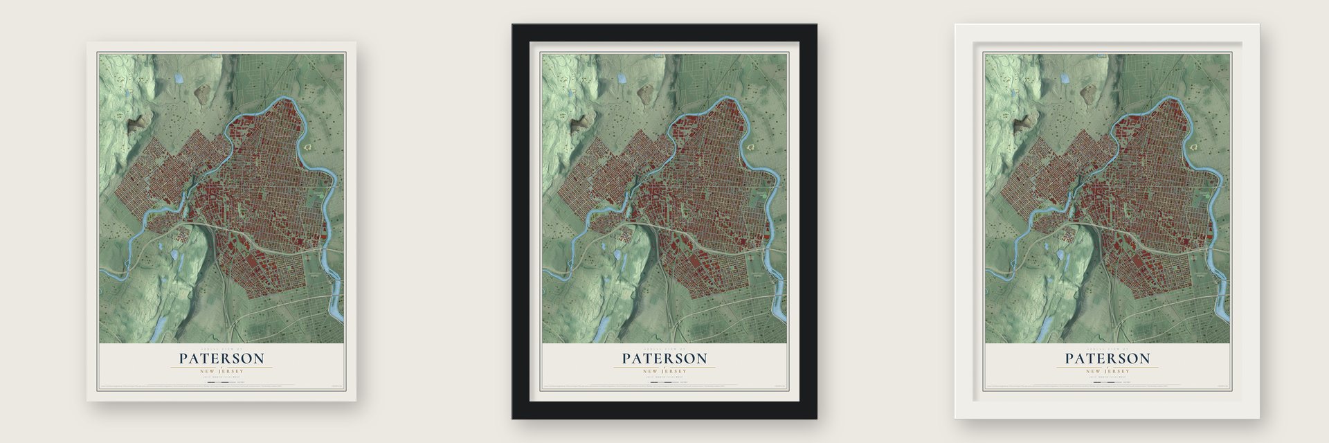 Paterson, New Jersey map unframed, in a black wood frame and in a white wood frame