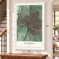 Paterson, New Jersey map, 24 x 36 inch print in a white frame by a staircase